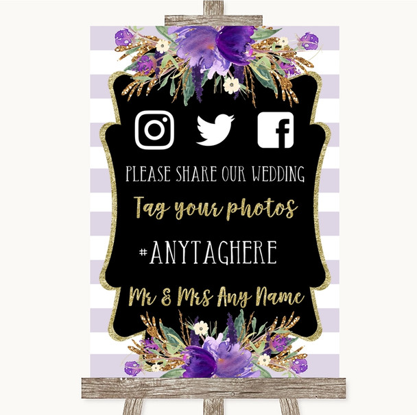 Gold & Purple Stripes Social Media Hashtag Photos Personalized Wedding Sign