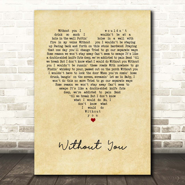 Ryan Upchurch Without You Vintage Heart Song Lyric Print