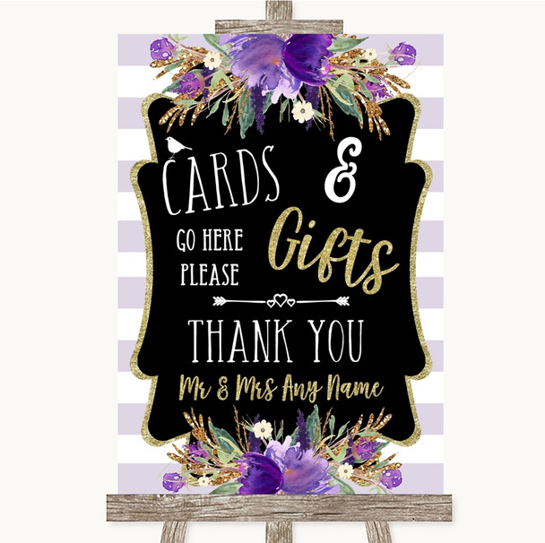 Gold & Purple Stripes Cards & Gifts Table Personalized Wedding Sign