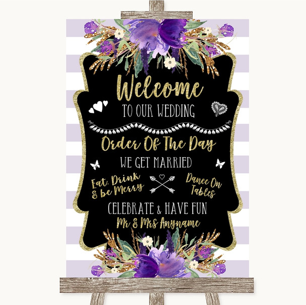 Gold & Purple Stripes Welcome Order Of The Day Personalized Wedding Sign