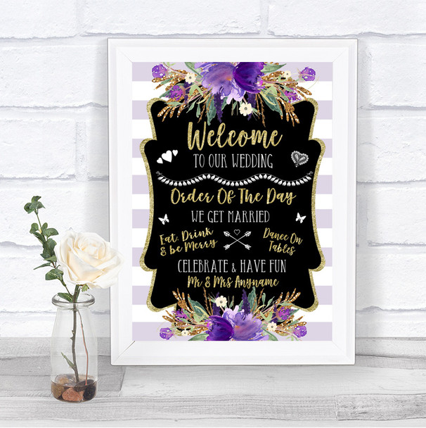 Gold & Purple Stripes Welcome Order Of The Day Personalized Wedding Sign