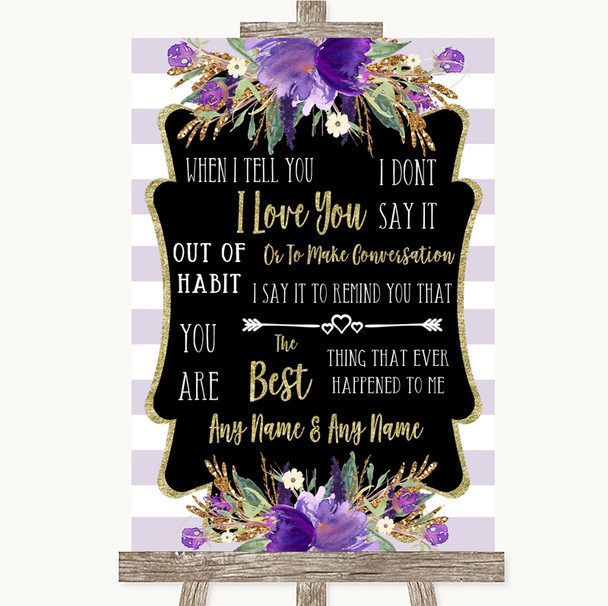 Gold & Purple Stripes When I Tell You I Love You Personalized Wedding Sign