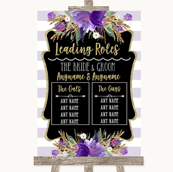 Gold & Purple Stripes Who's Who Leading Roles Personalized Wedding Sign