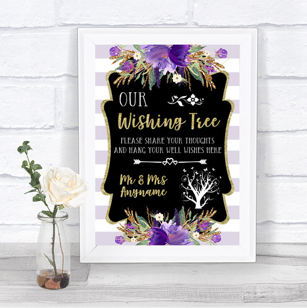 Gold & Purple Stripes Wishing Tree Personalized Wedding Sign