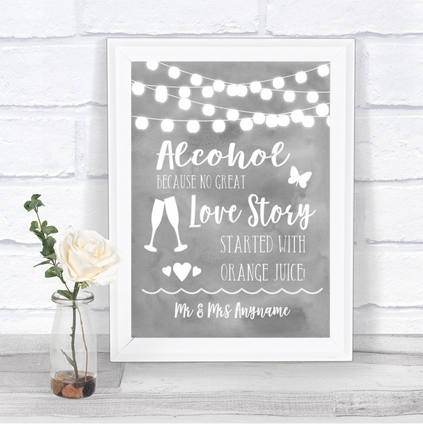 Grey Watercolour Lights Alcohol Bar Love Story Personalized Wedding Sign