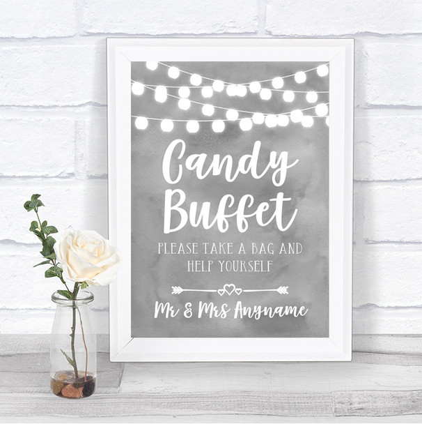 Grey Watercolour Lights Candy Buffet Personalized Wedding Sign