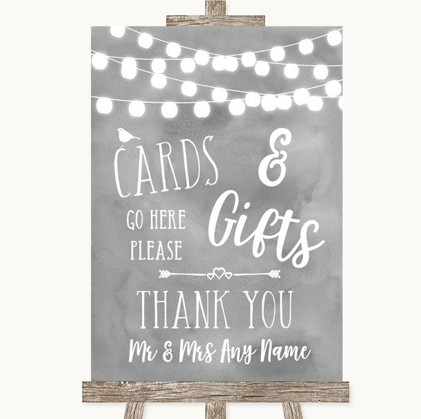 Grey Watercolour Lights Cards & Gifts Table Personalized Wedding Sign