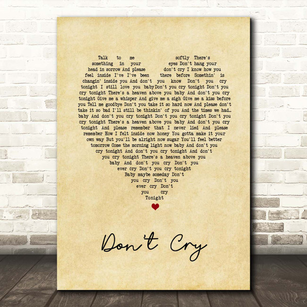 Guns N' Roses Don't Cry Vintage Heart Song Lyric Print