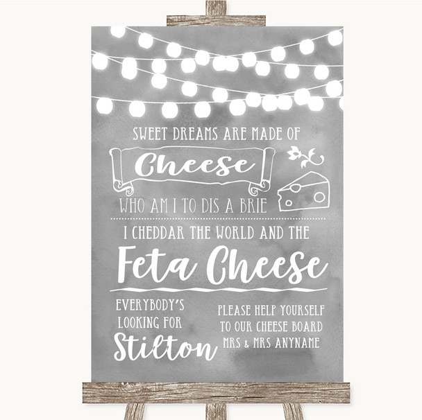 Grey Watercolour Lights Cheeseboard Cheese Song Personalized Wedding Sign