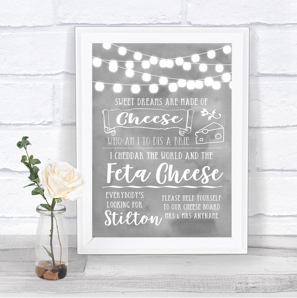 Grey Watercolour Lights Cheeseboard Cheese Song Personalized Wedding Sign