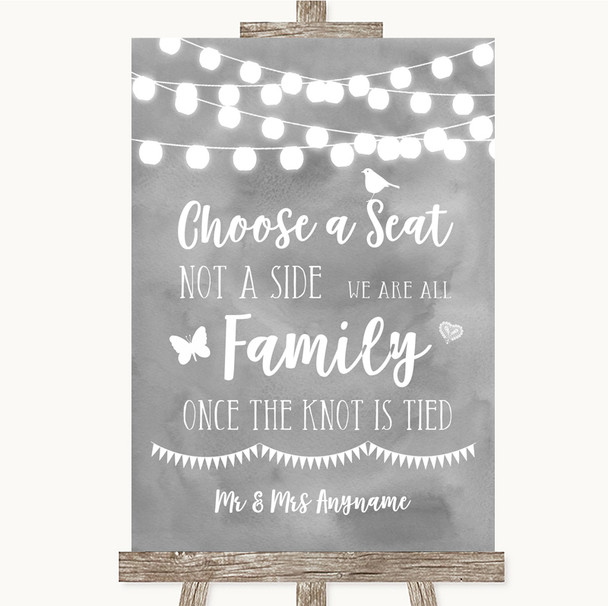 Grey Watercolour Lights Choose A Seat We Are All Family Wedding Sign