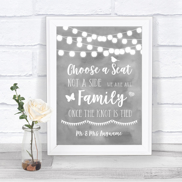 Grey Watercolour Lights Choose A Seat We Are All Family Wedding Sign