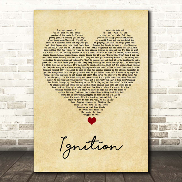 R Kelly Ignition Vintage Heart Song Lyric Print