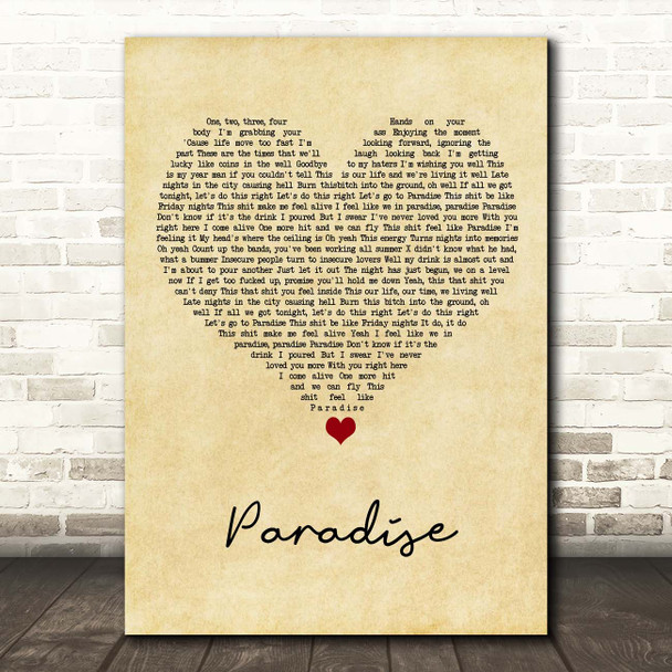 Bazzi Paradise Vintage Heart Song Lyric Print