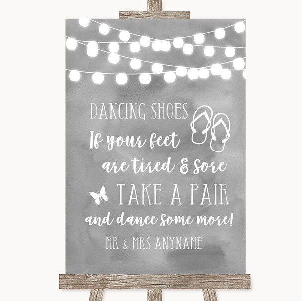 Grey Watercolour Lights Dancing Shoes Flip Flops Personalized Wedding Sign