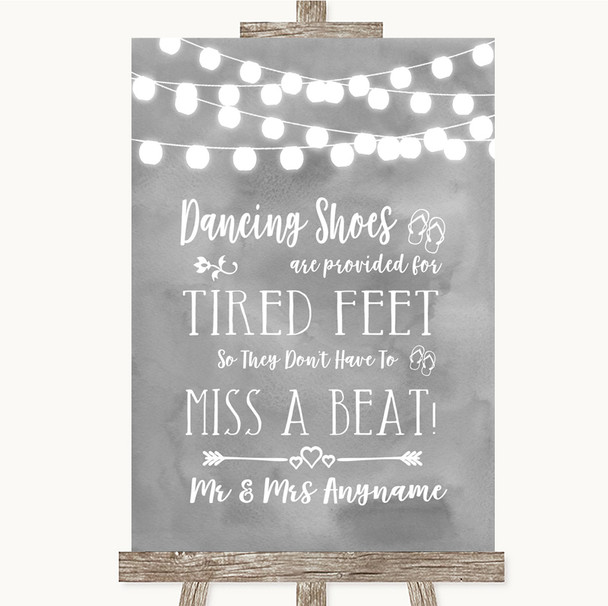Grey Watercolour Lights Dancing Shoes Flip-Flop Tired Feet Wedding Sign