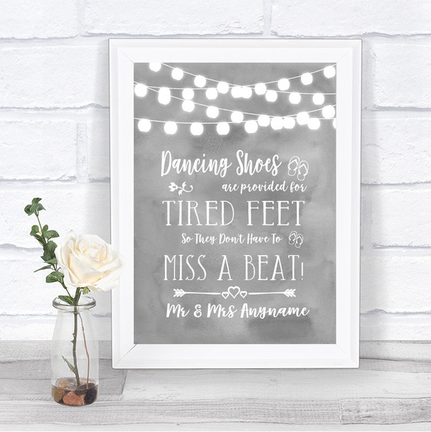 Grey Watercolour Lights Dancing Shoes Flip-Flop Tired Feet Wedding Sign