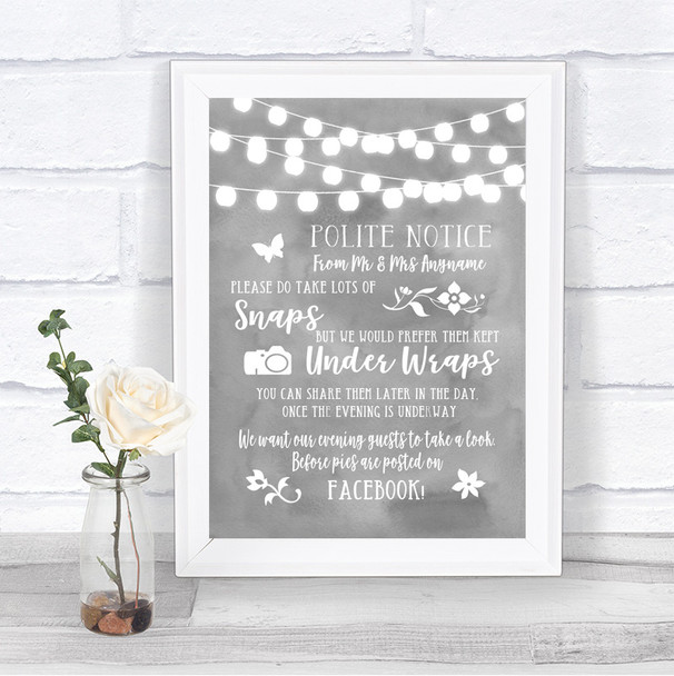Grey Watercolour Lights Don't Post Photos Facebook Personalized Wedding Sign