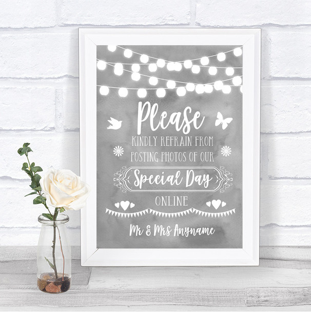 Grey Watercolour Lights Don't Post Photos Online Social Media Wedding Sign