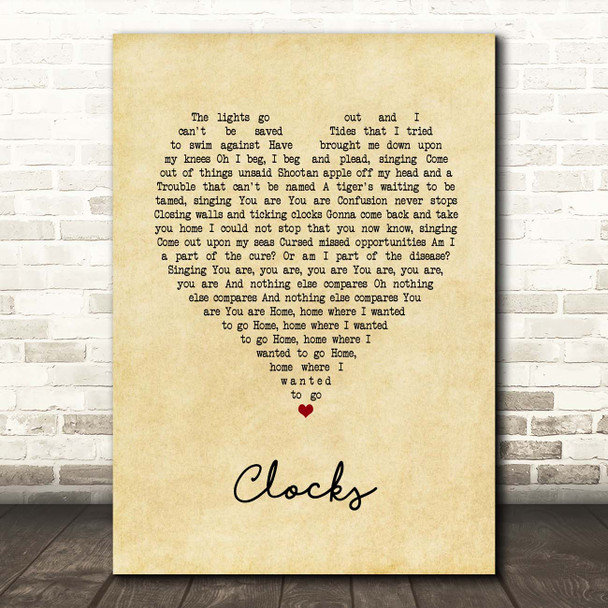 Coldplay Clocks Vintage Heart Song Lyric Print