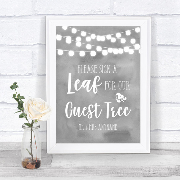 Grey Watercolour Lights Guest Tree Leaf Personalized Wedding Sign