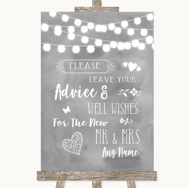 Grey Watercolour Lights Guestbook Advice & Wishes Mr & Mrs Wedding Sign