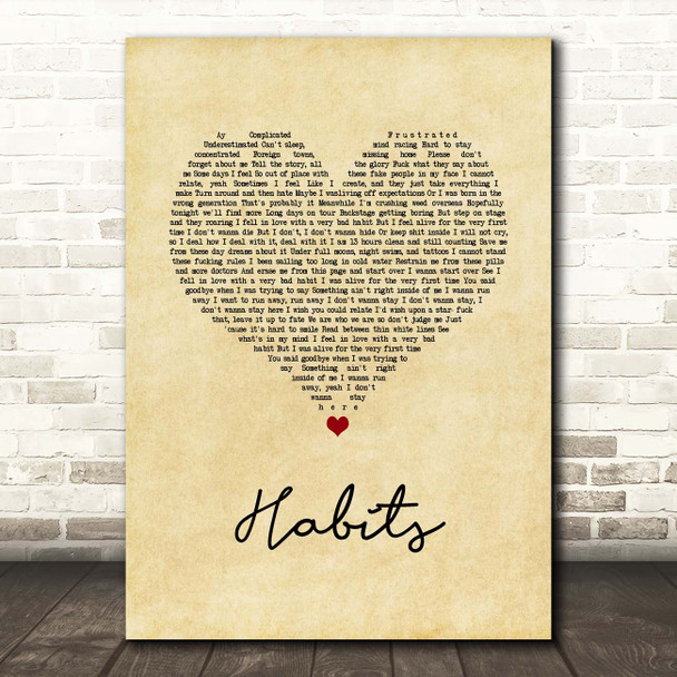 Machine Gun Kelly Habits Vintage Heart Song Lyric Print