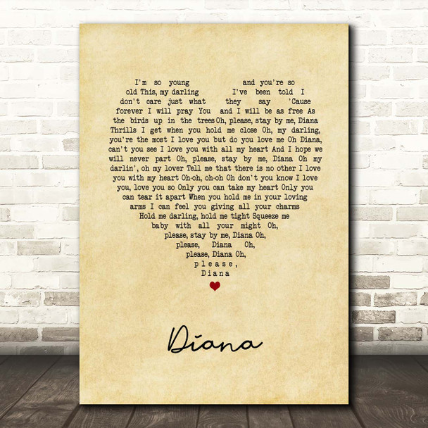 Paul Anka Diana Vintage Heart Song Lyric Print