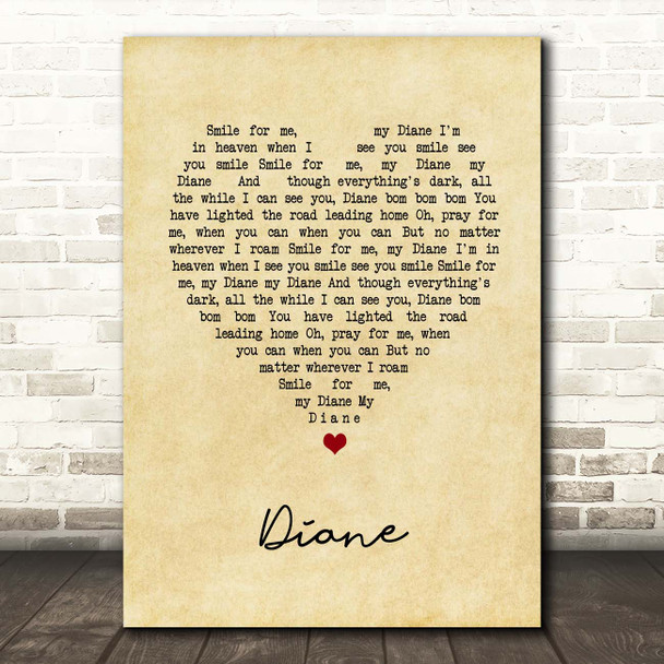 The Bachelors Diane Vintage Heart Song Lyric Print