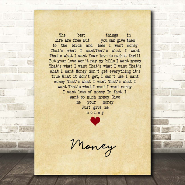 The Flying Lizards Money Vintage Heart Song Lyric Print