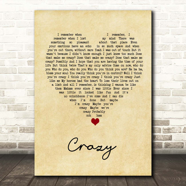 Gnarls Barkley Crazy Vintage Heart Song Lyric Print