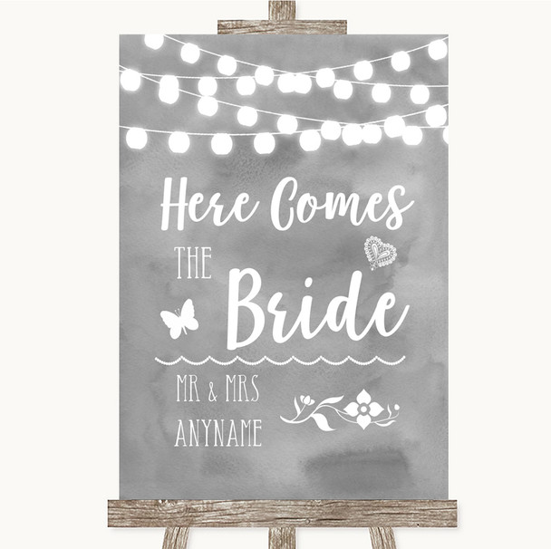 Grey Watercolour Lights Here Comes Bride Aisle Personalized Wedding Sign