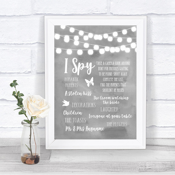 Grey Watercolour Lights I Spy Disposable Camera Personalized Wedding Sign