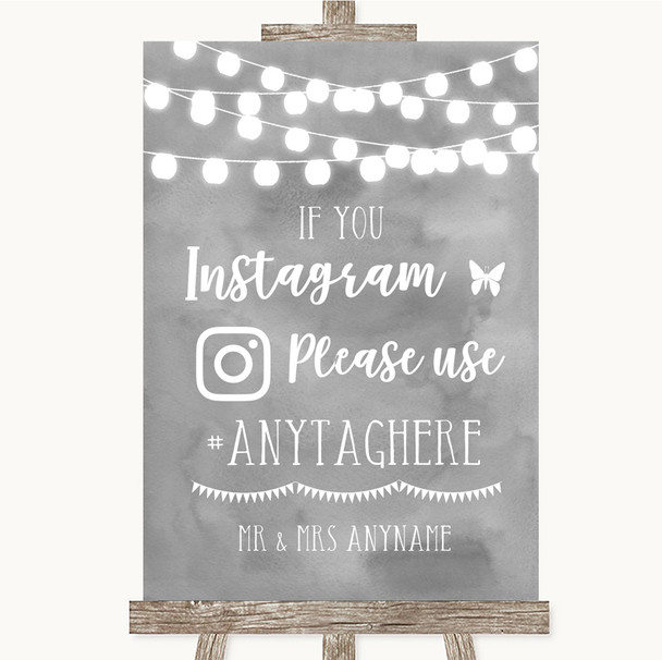 Grey Watercolour Lights Instagram Hashtag Personalized Wedding Sign