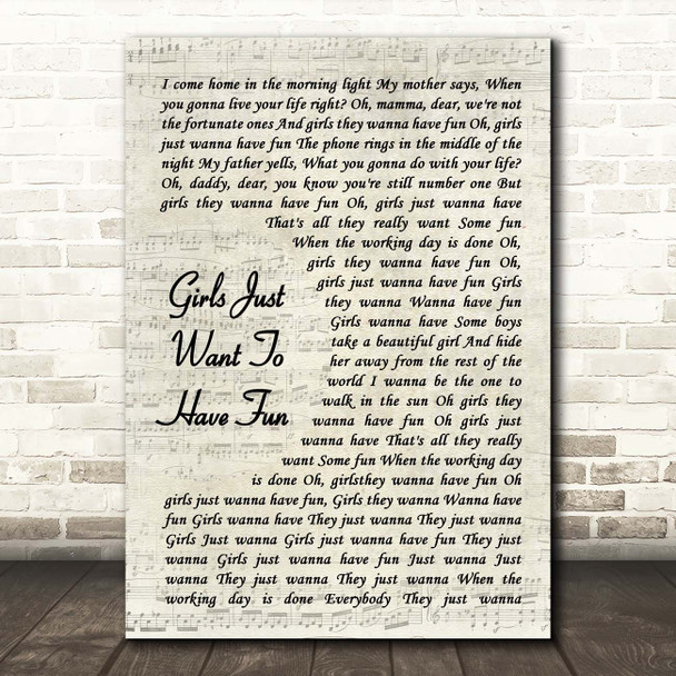 Cyndi Lauper Girls Just Want To Have Fun Vintage Script Song Lyric Print