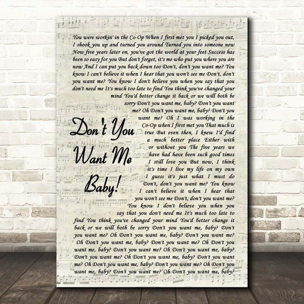 Human League Don't You Wan't Me Baby! Vintage Script Song Lyric Print