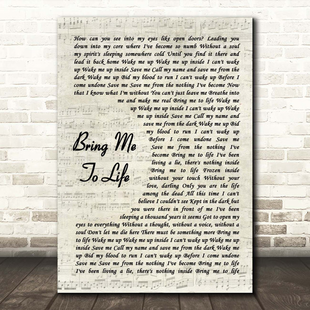 Evanescence Bring Me To Life Vintage Script Song Lyric Print