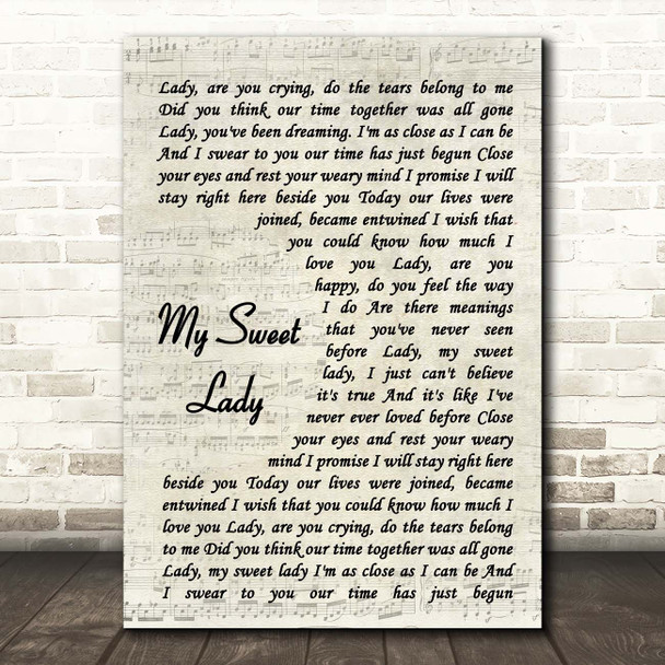 John Denver My Sweet Lady Vintage Script Song Lyric Print