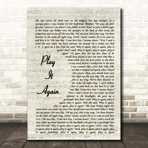 Luke Bryan Play It Again Vintage Script Song Lyric Print