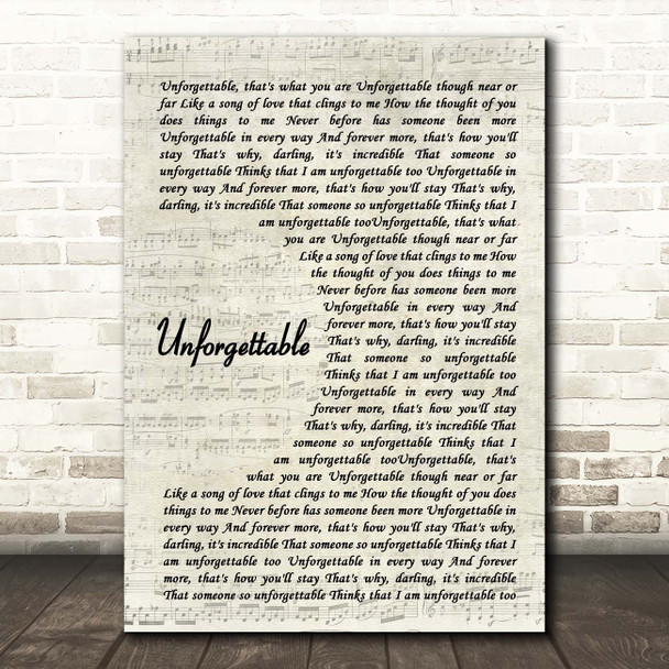 Nat King Cole Unforgettable Vintage Script Song Lyric Print