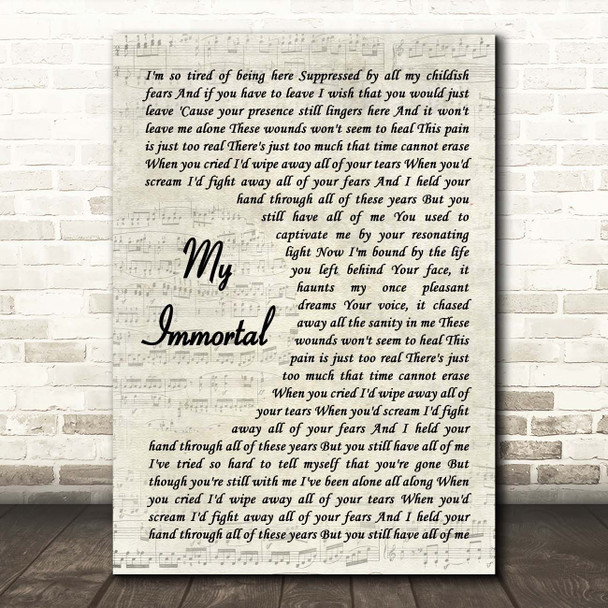 Evanescence My Immortal Vintage Script Song Lyric Print