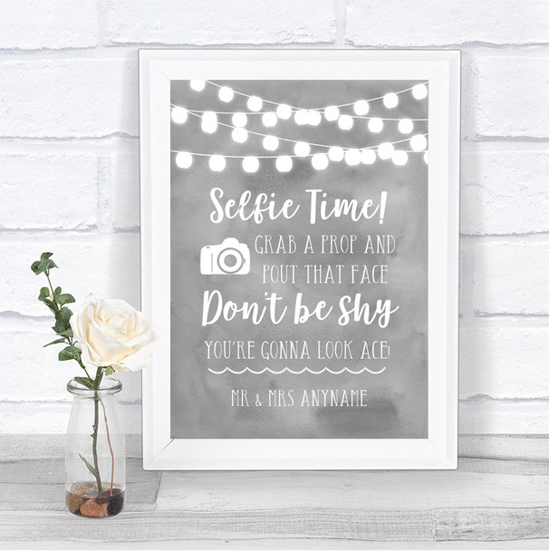 Grey Watercolour Lights Selfie Photo Prop Personalized Wedding Sign