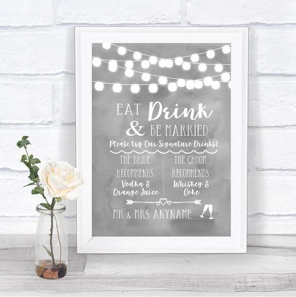 Grey Watercolour Lights Signature Favourite Drinks Personalized Wedding Sign