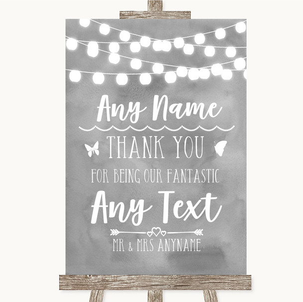 Grey Watercolour Lights Thank You Bridesmaid Page Boy Best Man Wedding Sign