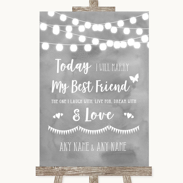 Grey Watercolour Lights Today I Marry My Best Friend Personalized Wedding Sign