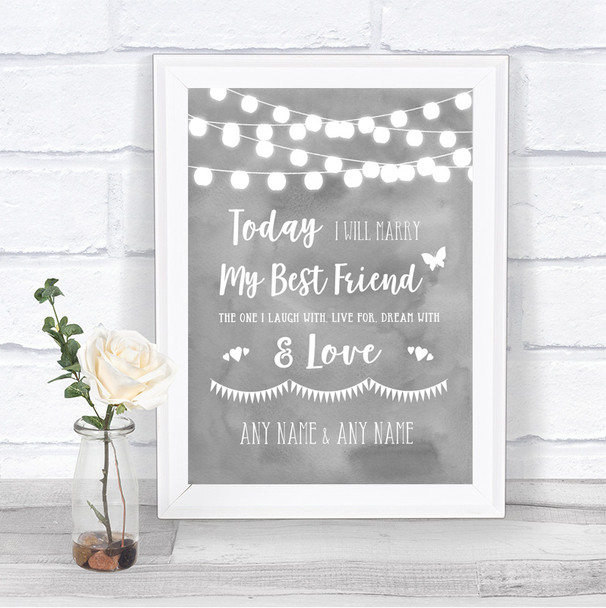 Grey Watercolour Lights Today I Marry My Best Friend Personalized Wedding Sign