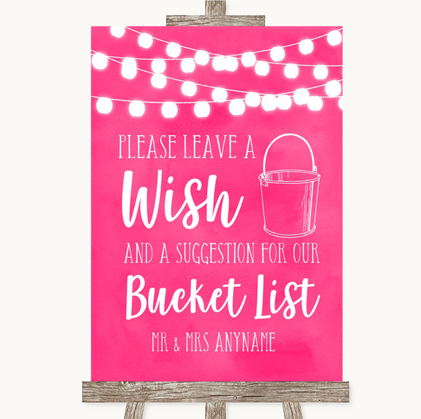 Hot Fuchsia Pink Watercolour Lights Bucket List Personalized Wedding Sign