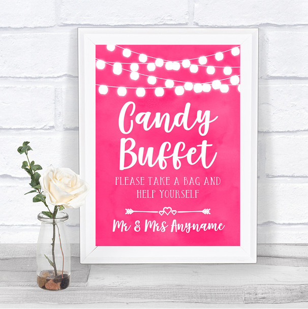 Hot Fuchsia Pink Watercolour Lights Candy Buffet Personalized Wedding Sign