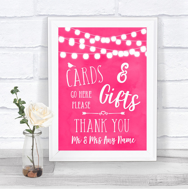 Hot Fuchsia Pink Watercolour Lights Cards & Gifts Table Wedding Sign