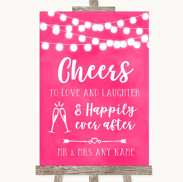 Hot Fuchsia Pink Watercolour Lights Cheers To Love Personalized Wedding Sign